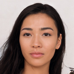 Neutral asian young-adult female with long  black hair and brown eyes