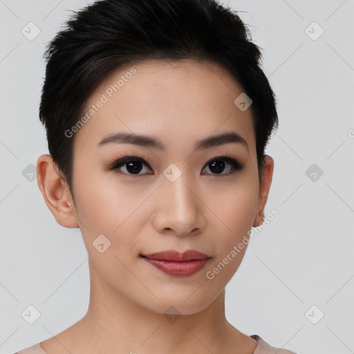 Joyful asian young-adult female with short  black hair and brown eyes