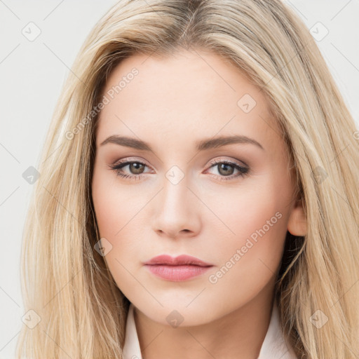 Neutral white young-adult female with long  brown hair and brown eyes