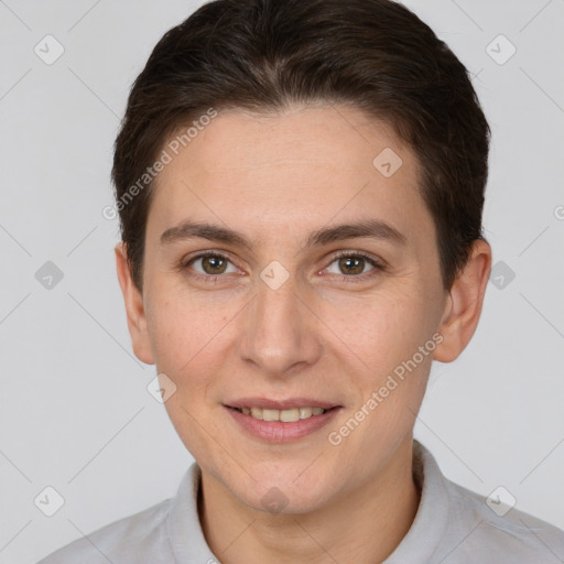 Joyful white adult female with short  brown hair and brown eyes