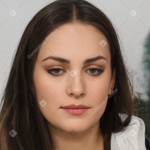 Neutral white young-adult female with long  brown hair and brown eyes