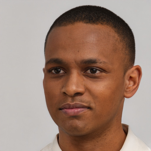 Neutral black young-adult male with short  black hair and brown eyes