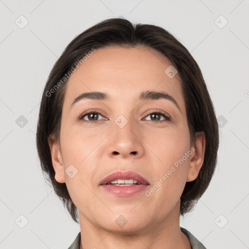 Joyful white young-adult female with medium  brown hair and brown eyes