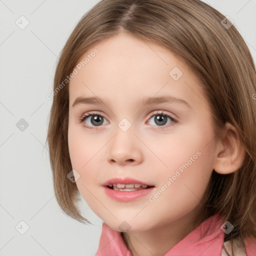 Joyful white child female with medium  brown hair and brown eyes