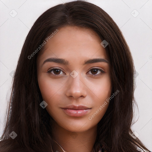 Neutral white young-adult female with long  brown hair and brown eyes