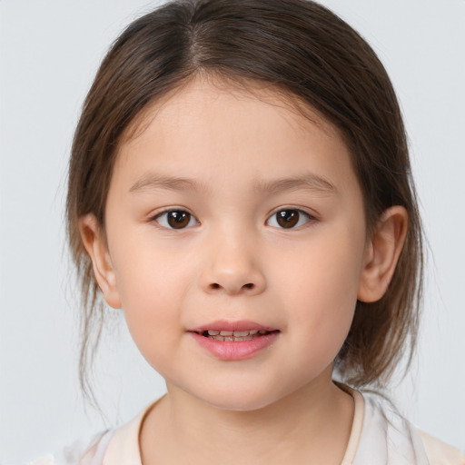 Joyful white child female with medium  brown hair and brown eyes