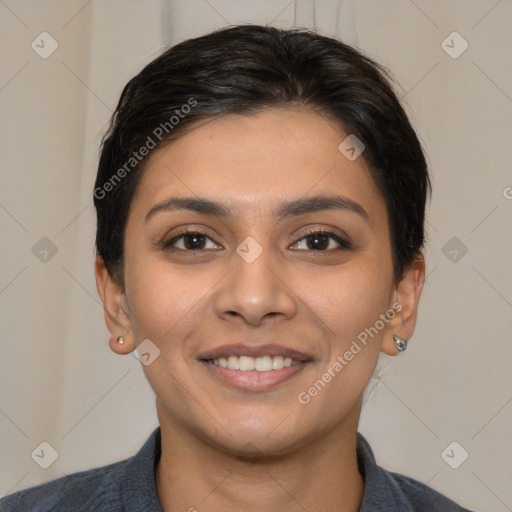 Joyful white young-adult female with short  brown hair and brown eyes