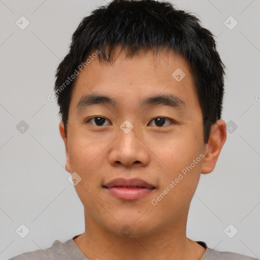 Neutral asian young-adult male with short  black hair and brown eyes