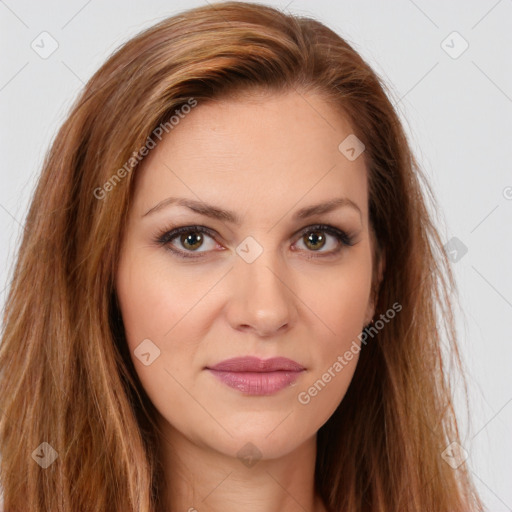 Joyful white young-adult female with long  brown hair and brown eyes