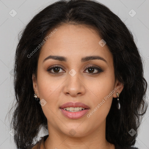 Joyful latino young-adult female with long  brown hair and brown eyes