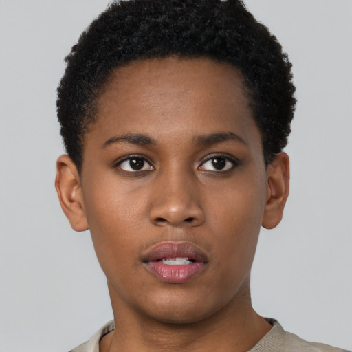Neutral black young-adult female with short  brown hair and brown eyes