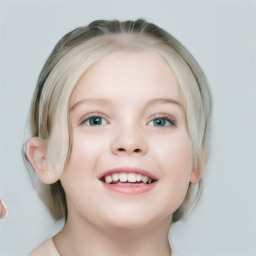 Joyful white child female with medium  brown hair and blue eyes