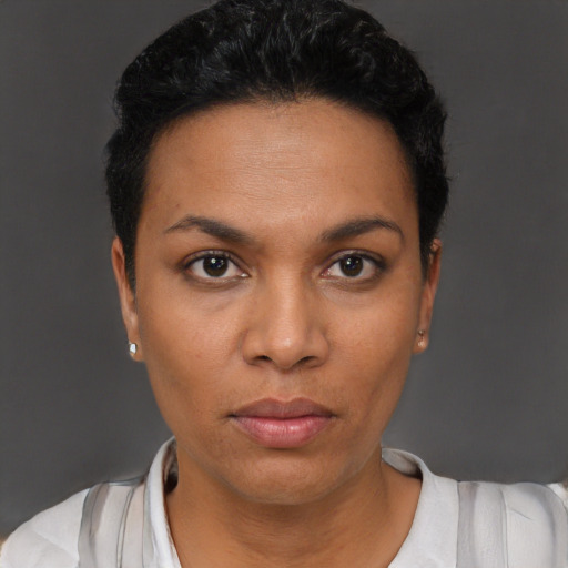 Neutral latino young-adult female with short  black hair and brown eyes