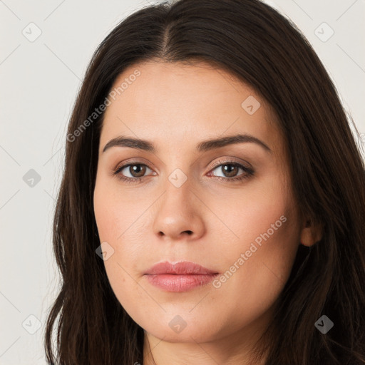 Neutral white young-adult female with long  brown hair and brown eyes