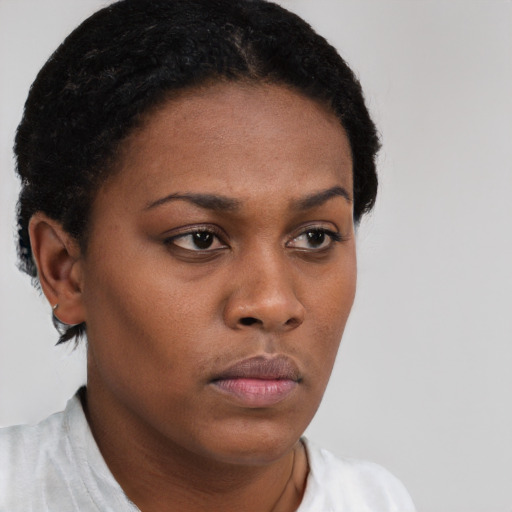 Neutral black young-adult female with short  brown hair and brown eyes