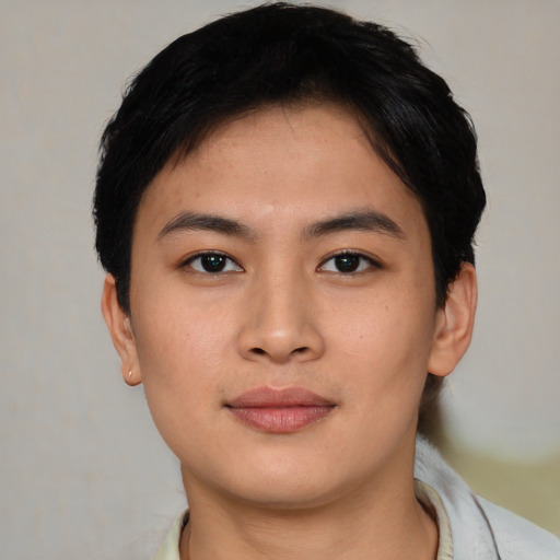 Neutral asian young-adult female with short  brown hair and brown eyes