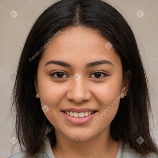 Joyful latino young-adult female with medium  brown hair and brown eyes