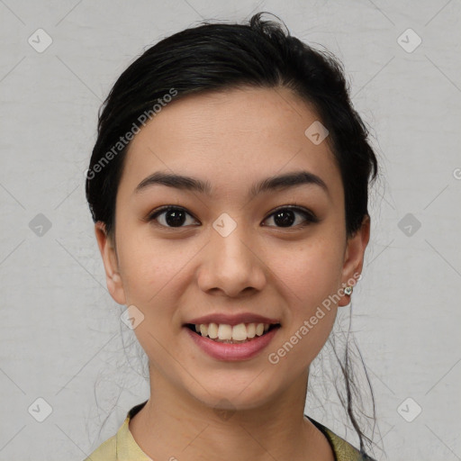 Joyful asian young-adult female with short  brown hair and brown eyes