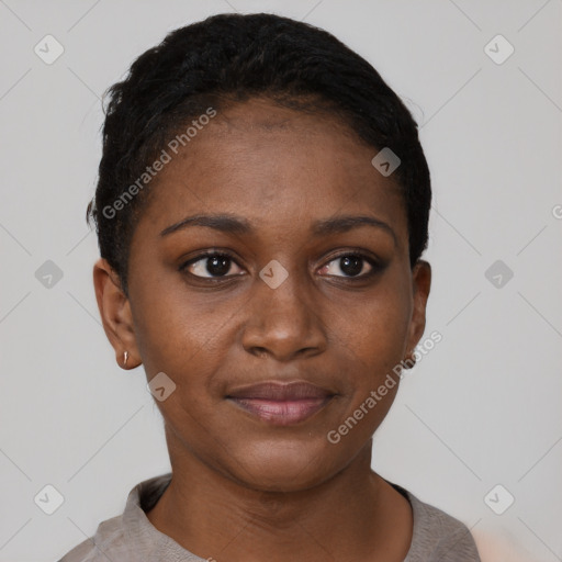 Neutral black young-adult female with short  black hair and brown eyes