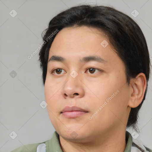 Neutral asian young-adult male with short  brown hair and brown eyes