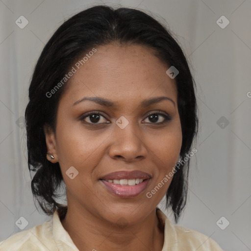 Joyful black young-adult female with medium  brown hair and brown eyes