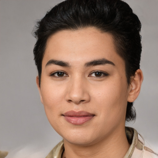 Joyful white young-adult female with medium  black hair and brown eyes