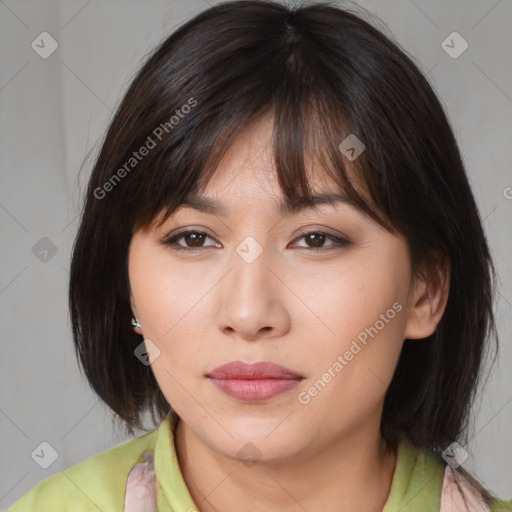 Neutral white young-adult female with medium  brown hair and brown eyes