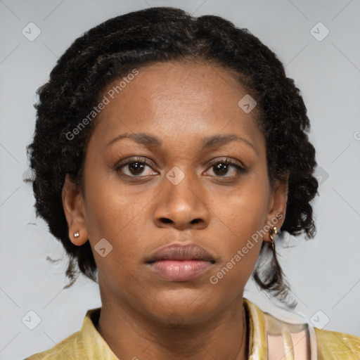 Neutral black young-adult female with medium  brown hair and brown eyes