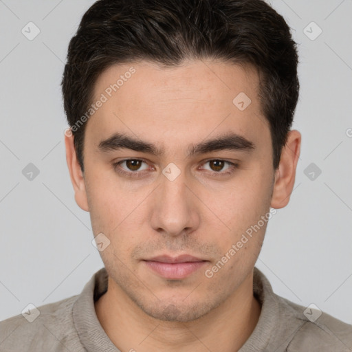 Neutral white young-adult male with short  brown hair and brown eyes