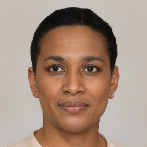 Joyful black young-adult female with short  black hair and brown eyes
