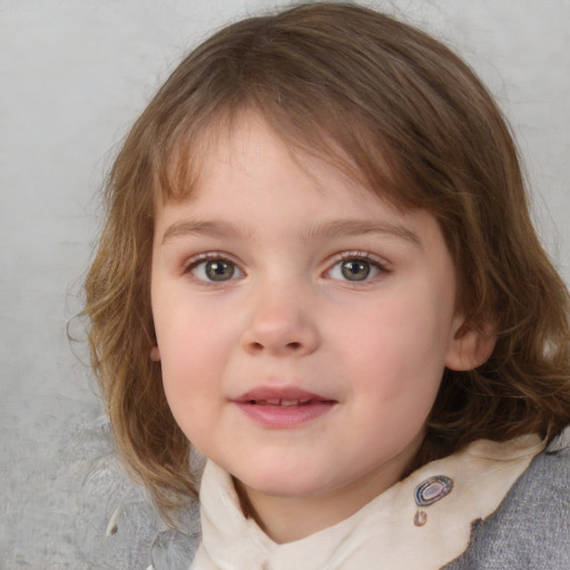 Neutral white child female with medium  brown hair and blue eyes