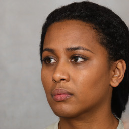 Neutral black young-adult female with short  black hair and brown eyes