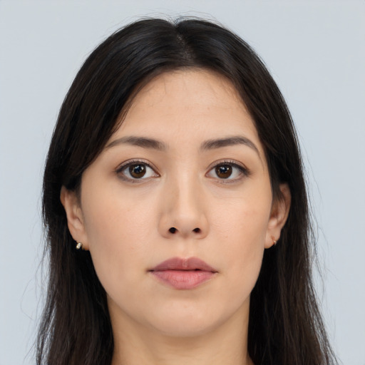 Neutral asian young-adult female with long  brown hair and brown eyes