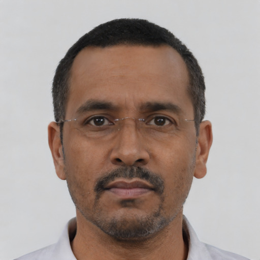 Neutral black adult male with short  black hair and brown eyes