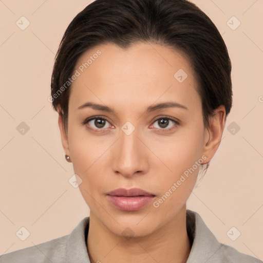 Neutral white young-adult female with short  brown hair and brown eyes