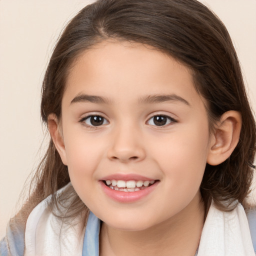 Joyful white child female with medium  brown hair and brown eyes