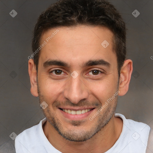 Joyful white young-adult male with short  brown hair and brown eyes