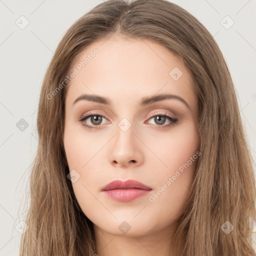 Neutral white young-adult female with long  brown hair and brown eyes