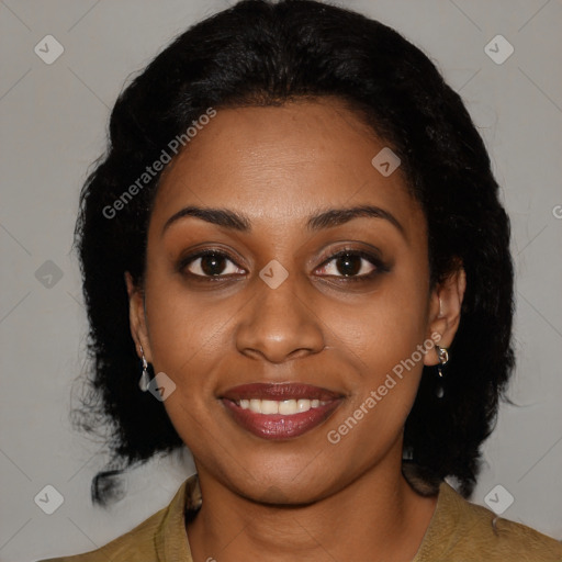 Joyful black young-adult female with medium  black hair and brown eyes