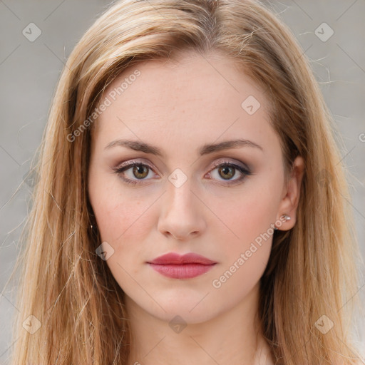 Neutral white young-adult female with long  brown hair and brown eyes