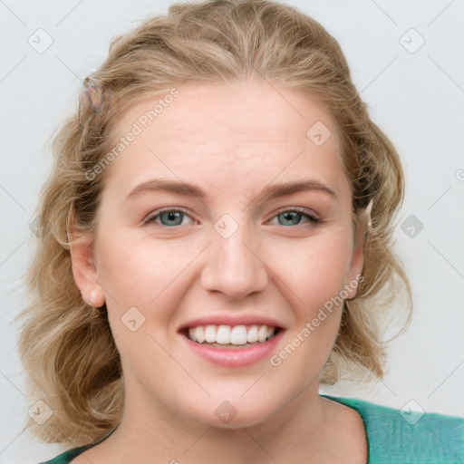 Joyful white young-adult female with medium  brown hair and blue eyes