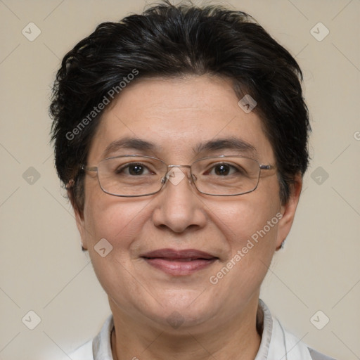 Joyful white adult female with short  brown hair and brown eyes