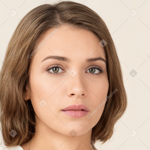 Neutral white young-adult female with medium  brown hair and brown eyes