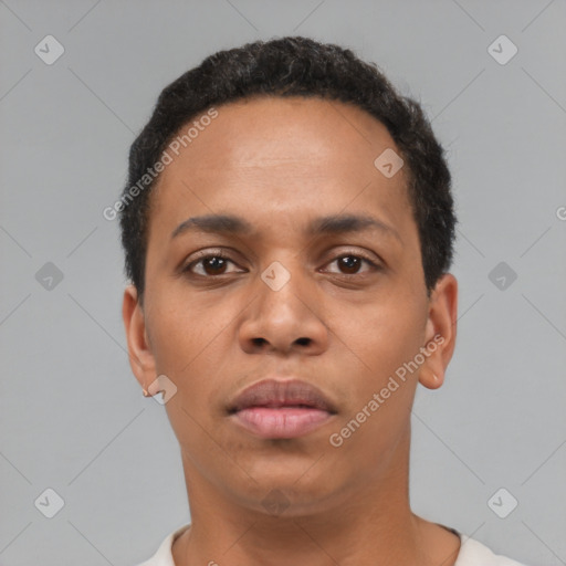 Neutral black young-adult male with short  black hair and brown eyes