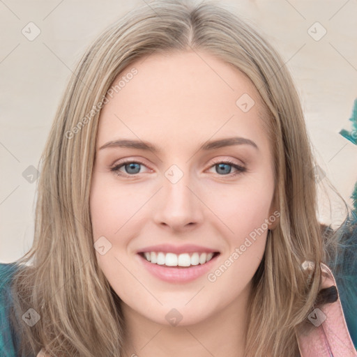 Joyful white young-adult female with medium  brown hair and blue eyes