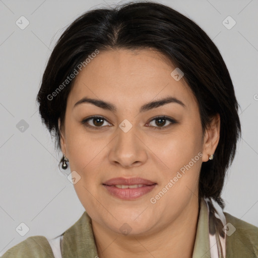 Joyful white adult female with medium  brown hair and brown eyes