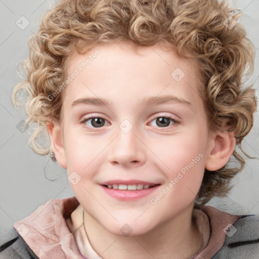 Joyful white child female with medium  brown hair and blue eyes