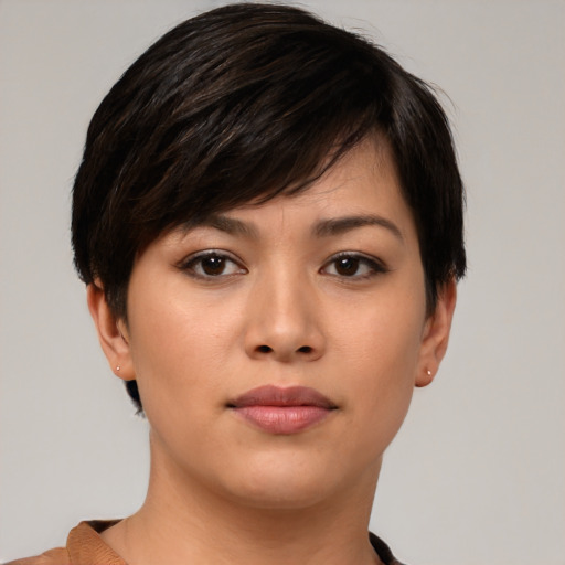 Neutral asian young-adult female with short  brown hair and brown eyes