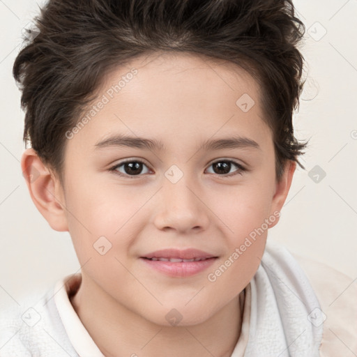 Joyful white child female with short  brown hair and brown eyes