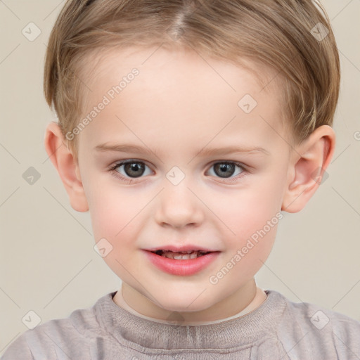 Joyful white child female with short  brown hair and brown eyes